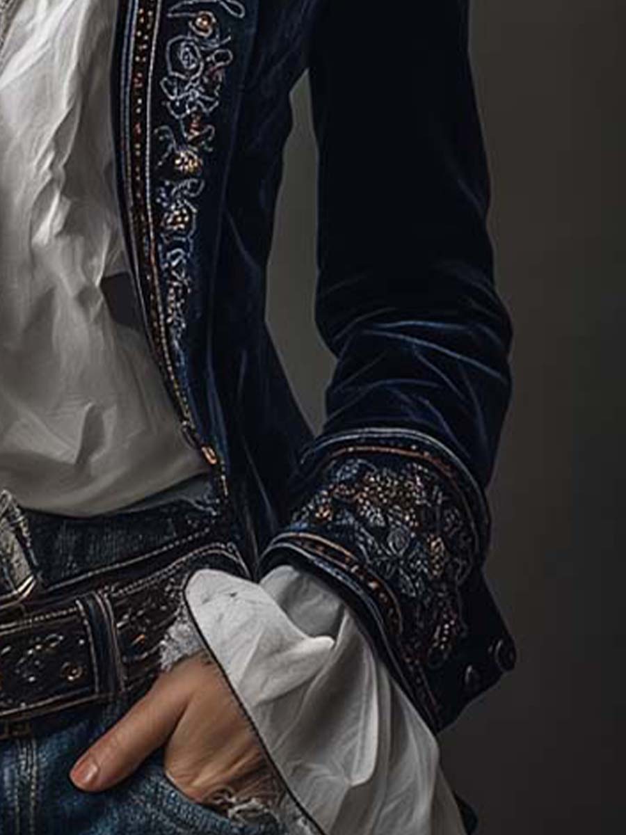 ADRIANA - VESTE LONGUE BRODÉE VINTAGE BLEU MARINE