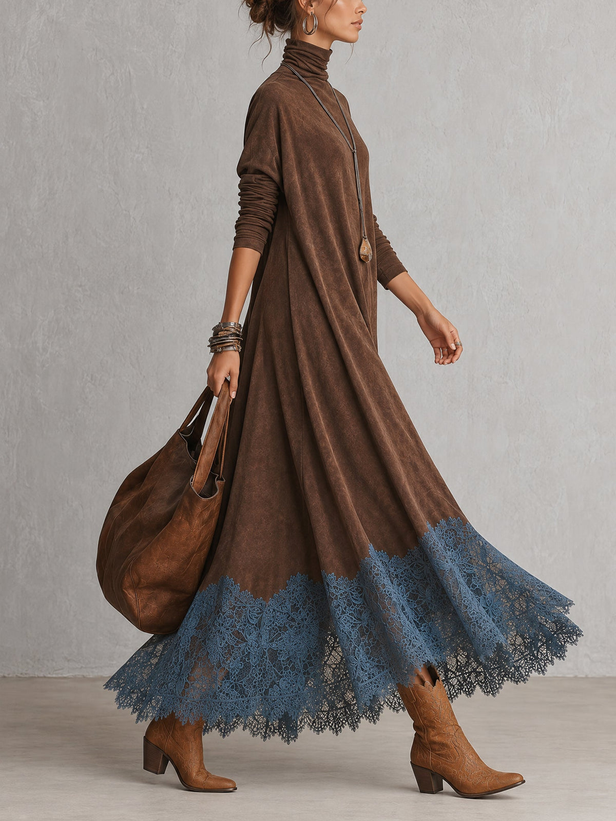 PIERA - ROBE LONGUE EFFET DAIM OURLET DENTELLE