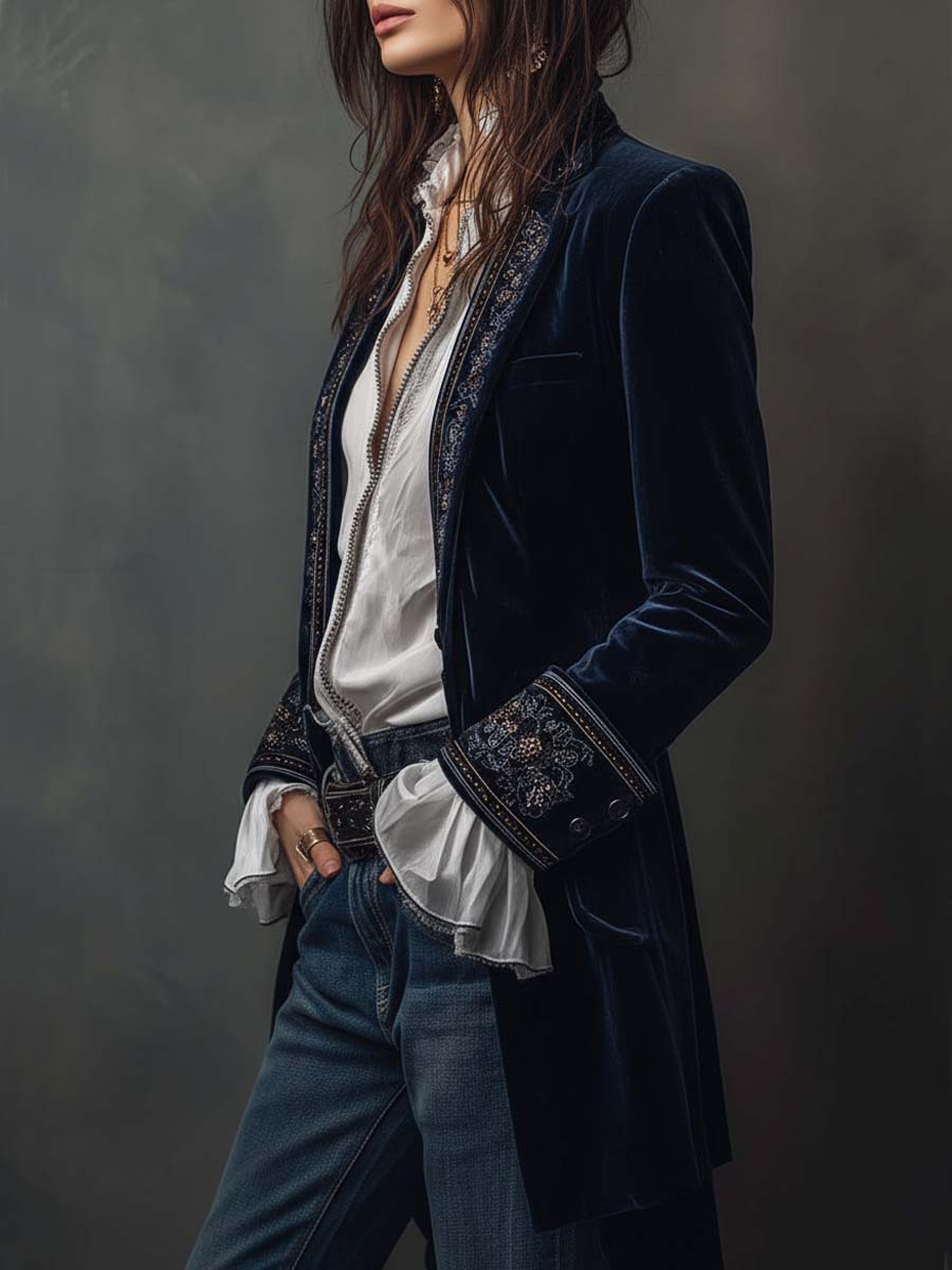 ADRIANA - VESTE LONGUE BRODÉE VINTAGE BLEU MARINE
