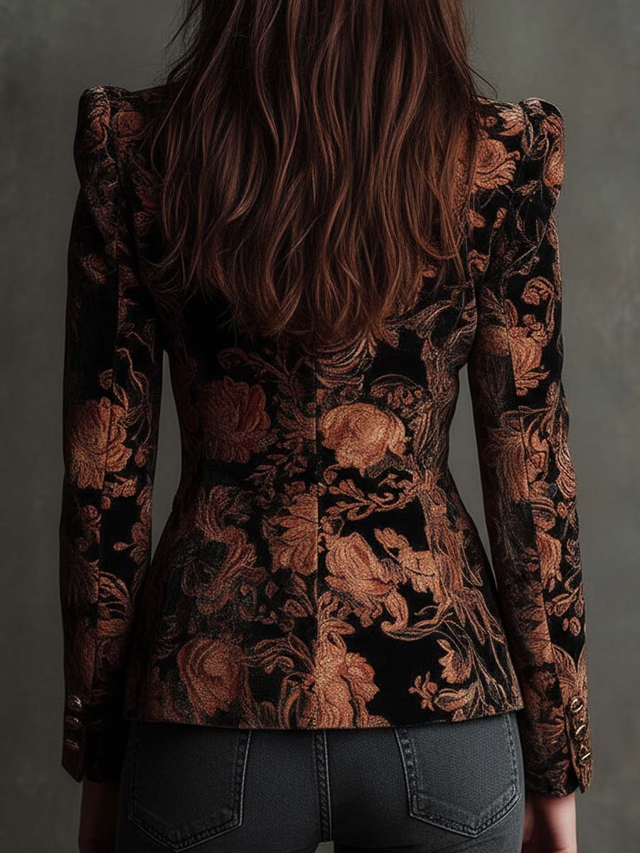 SOFIA - BLAZER TAILLEUR IMPRIMÉ FLORAL NOIR ET BRONZE