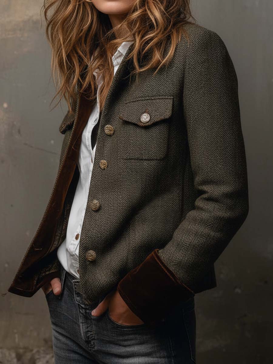 Olivia | Blazer vintage à chevrons avec bordures contrastées