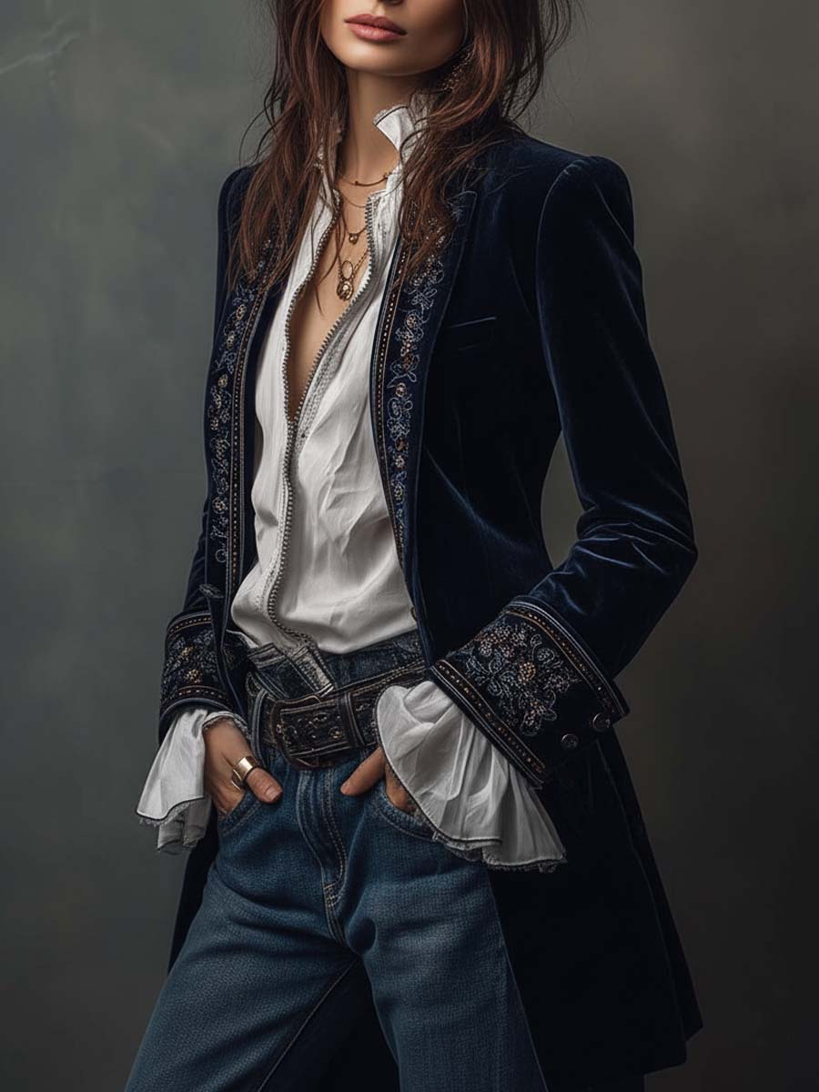 ADRIANA - VESTE LONGUE BRODÉE VINTAGE BLEU MARINE