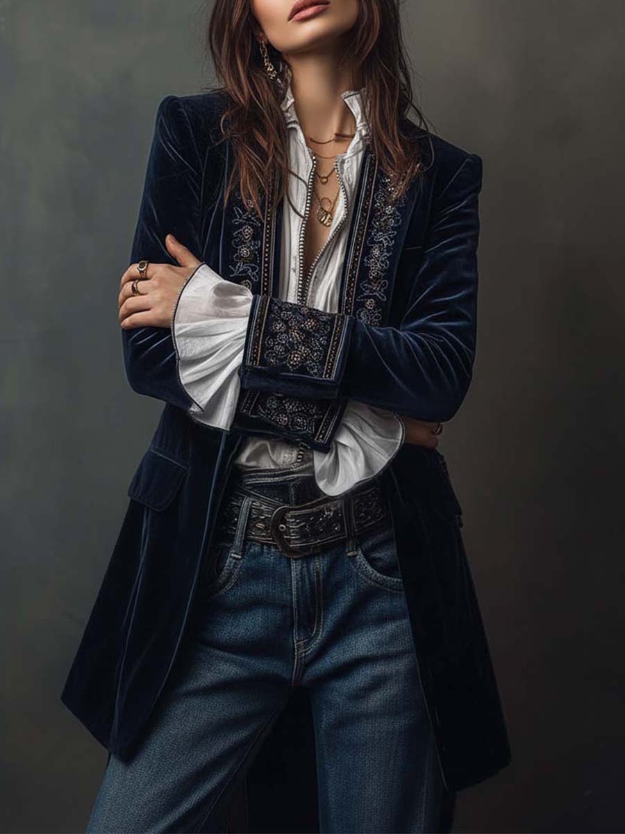 ADRIANA - VESTE LONGUE BRODÉE VINTAGE BLEU MARINE