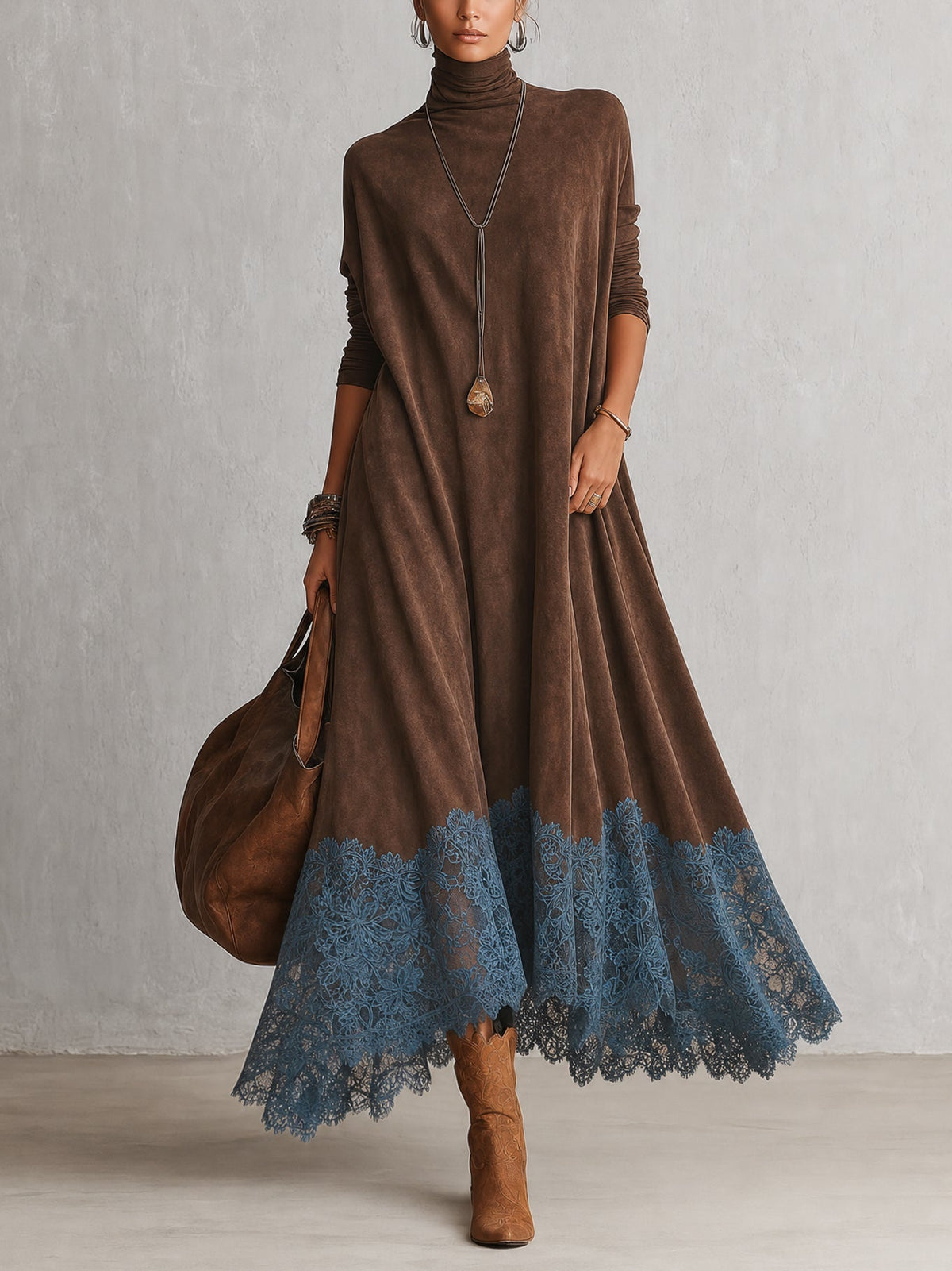 PIERA - ROBE LONGUE EFFET DAIM OURLET DENTELLE