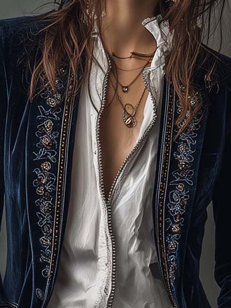 ADRIANA - VESTE LONGUE BRODÉE VINTAGE BLEU MARINE