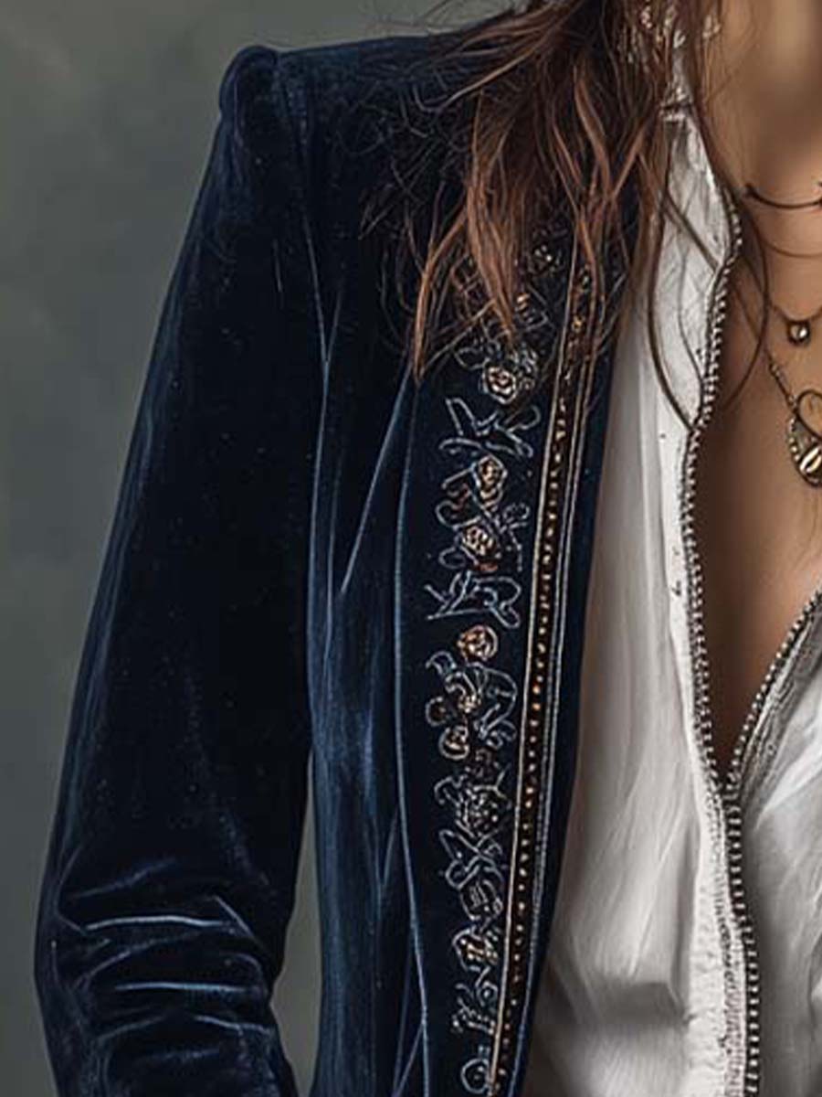 ADRIANA - VESTE LONGUE BRODÉE VINTAGE BLEU MARINE