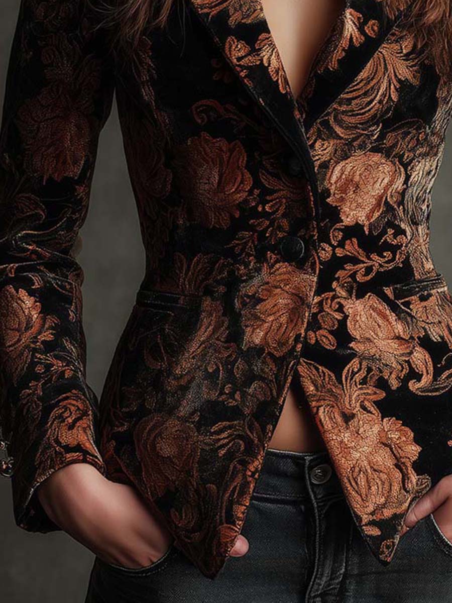 BERTA - BLAZER TAILLEUR À IMPRIMÉ FLORAL NOIR ET BRONZE