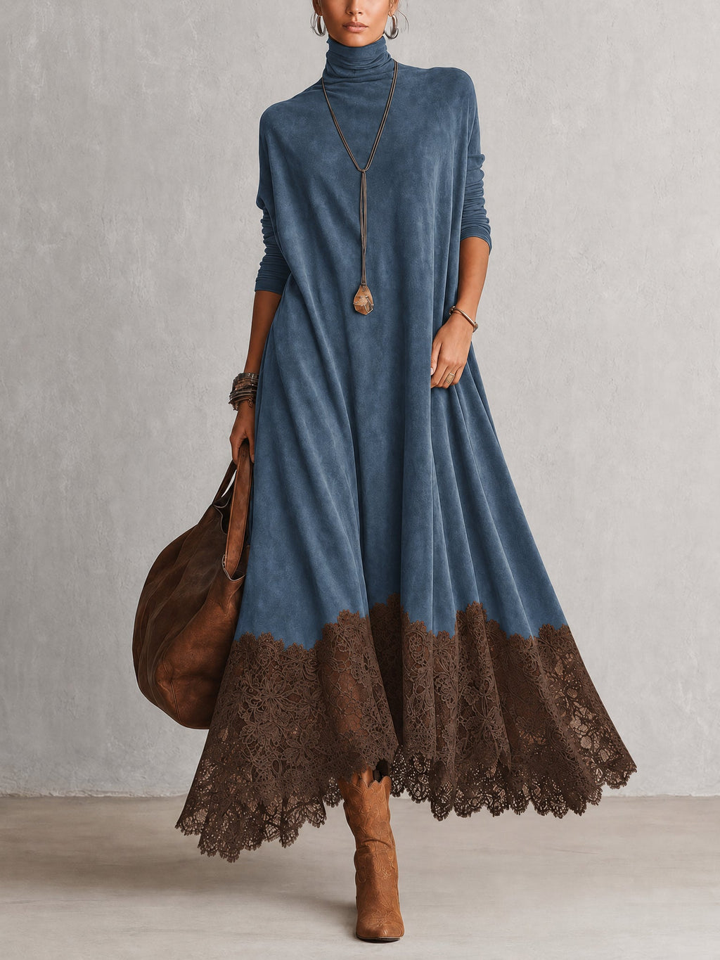 PETRA - ROBE LONGUE EFFET DAIM OURLET DENTELLE