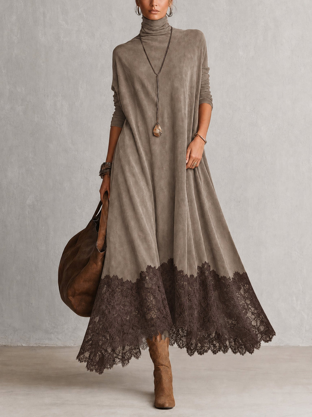 PORZIA - ROBE LONGUE EFFET DAIM OURLET DENTELLE