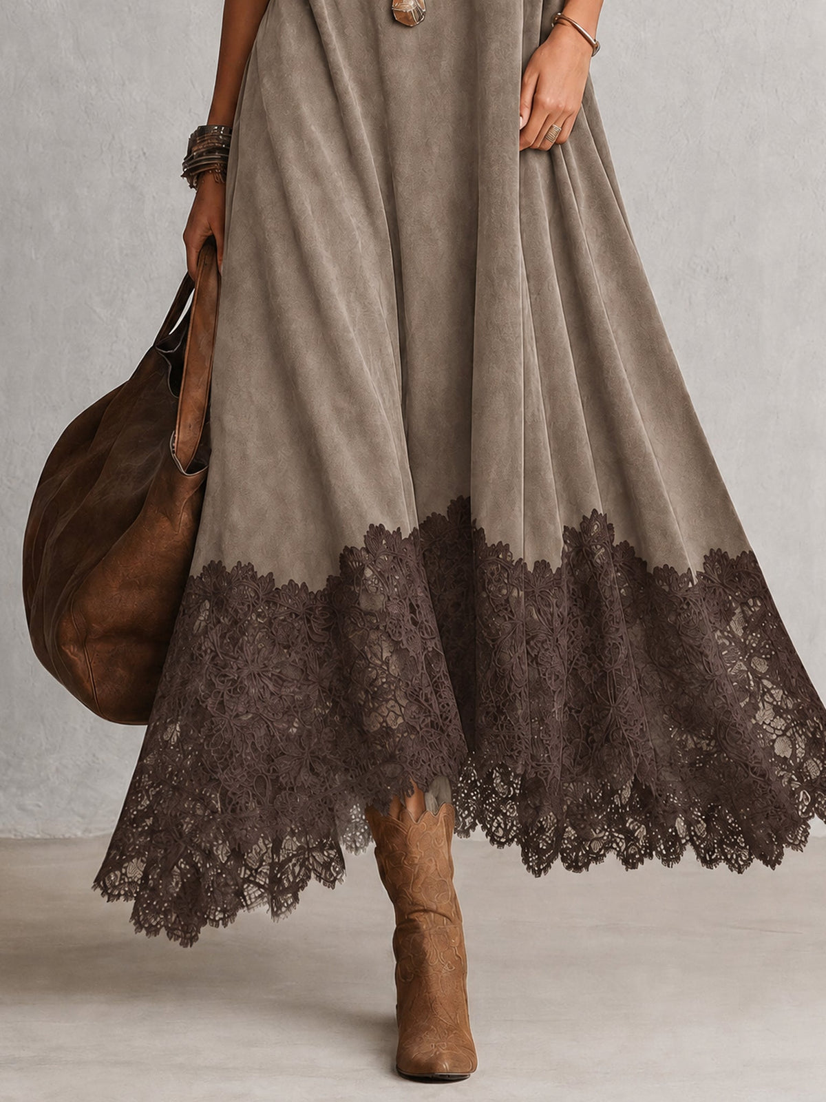 PORZIA - ROBE LONGUE EFFET DAIM OURLET DENTELLE