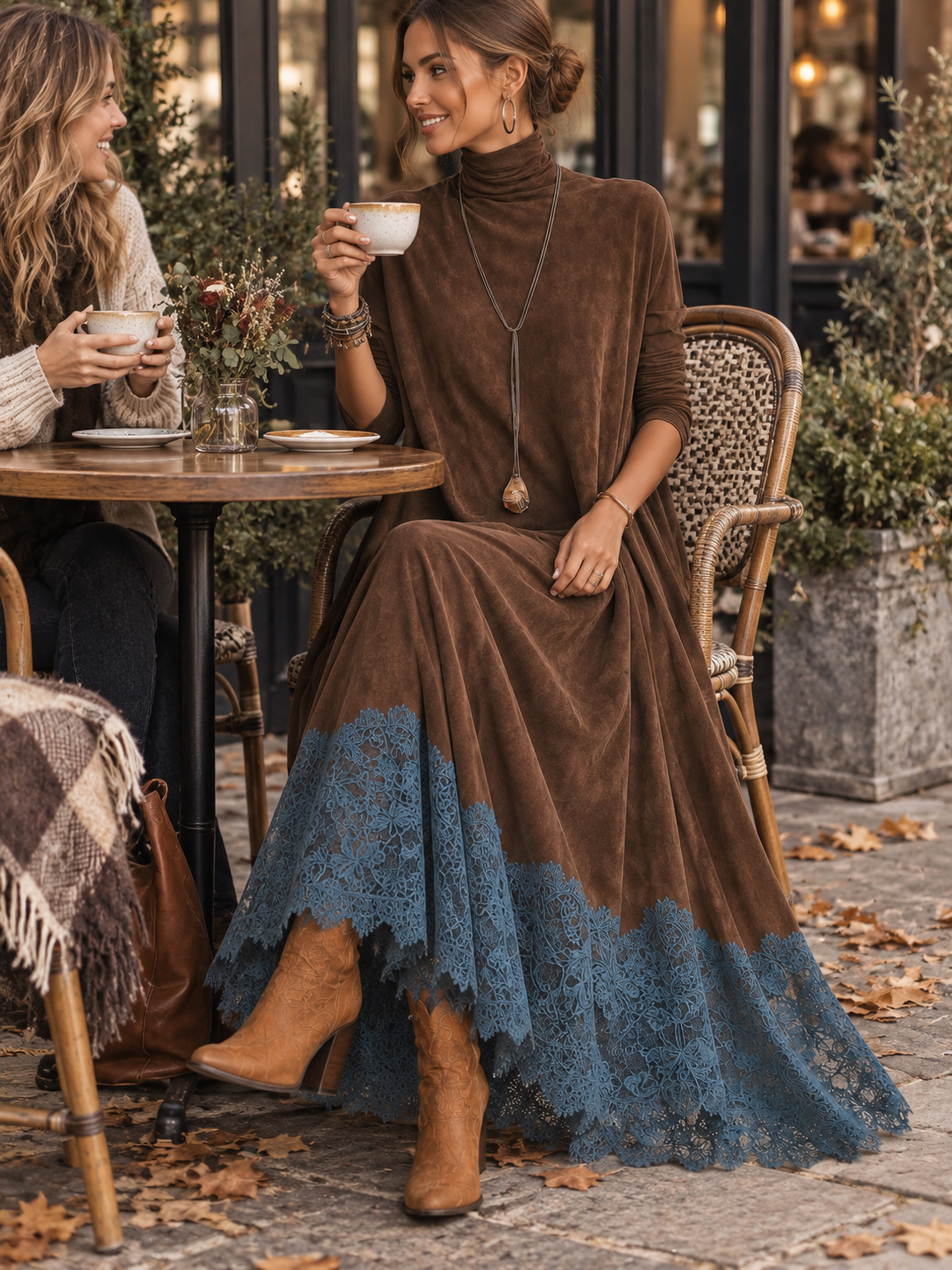 PIERA - ROBE LONGUE EFFET DAIM OURLET DENTELLE