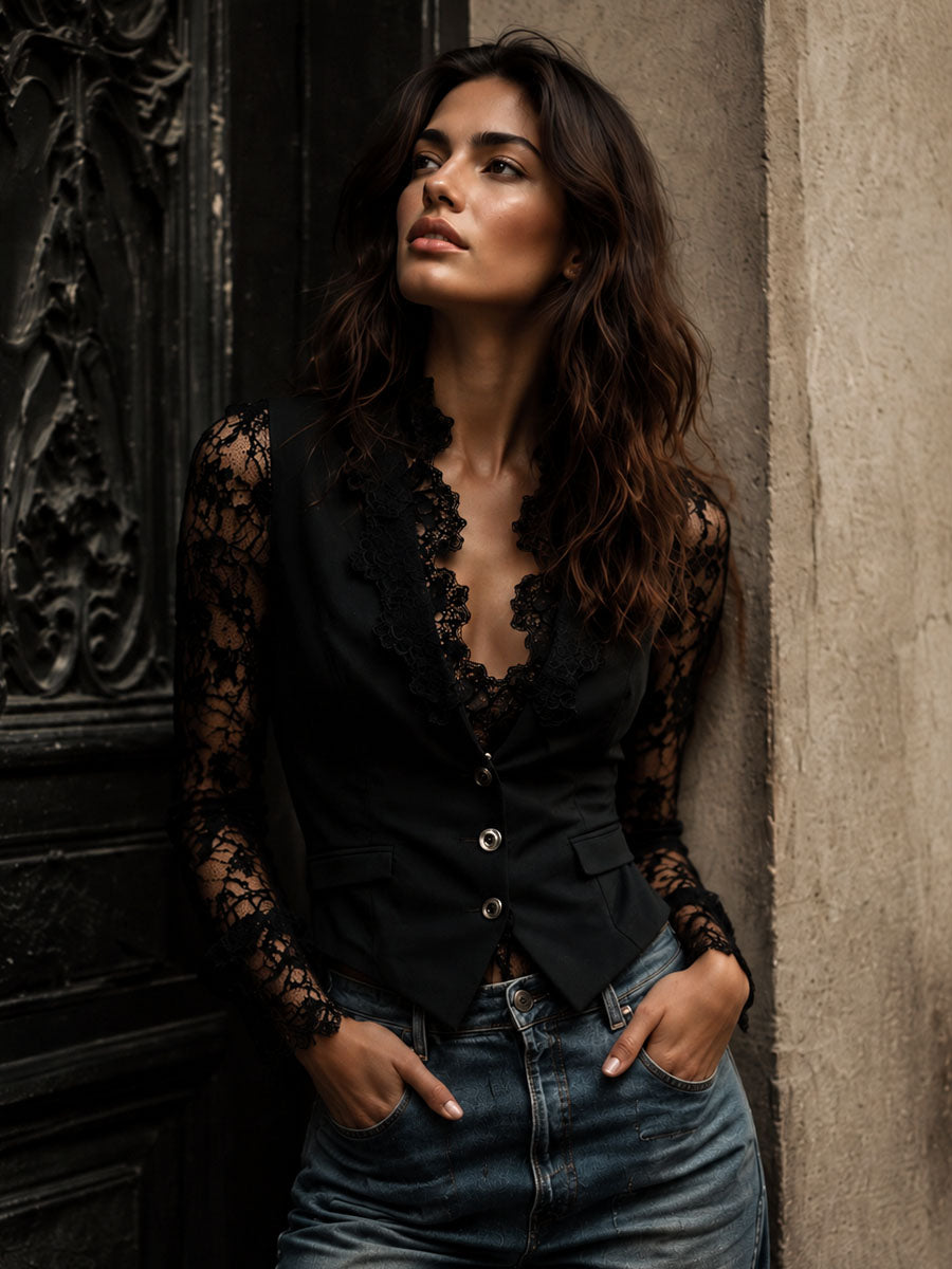 VITTORIA - BLAZER NOIR MANCHES SEMI-TRANSPARENTES