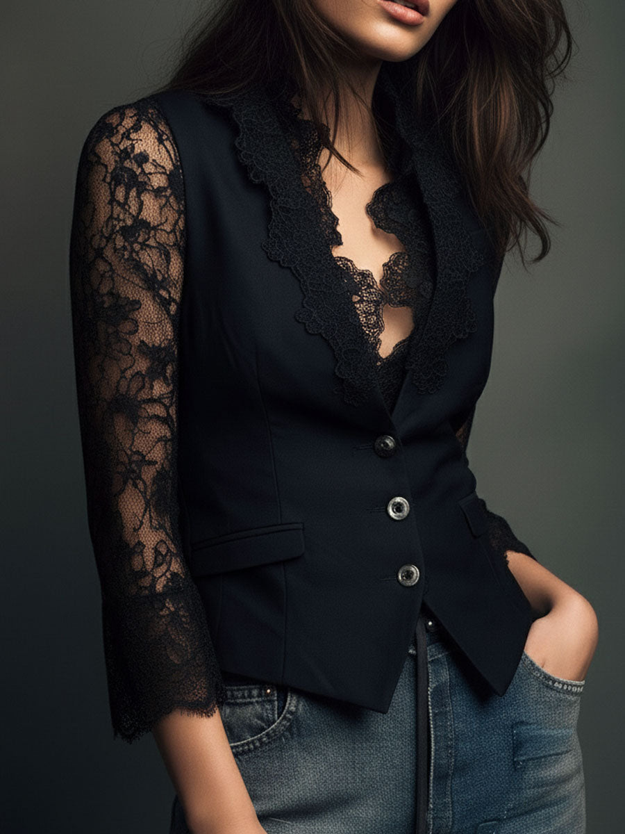 VITTORIA - BLAZER NOIR MANCHES SEMI-TRANSPARENTES