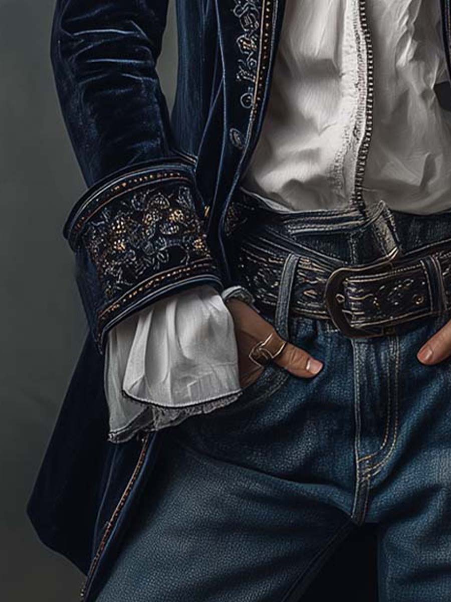 ADRIANA - VESTE LONGUE BRODÉE VINTAGE BLEU MARINE