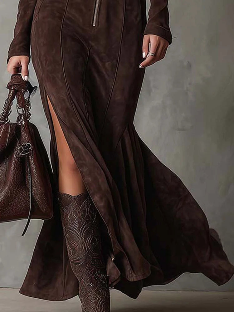 CLAUDIA - ROBE LONGUE MARRON AVEC CEINTURE