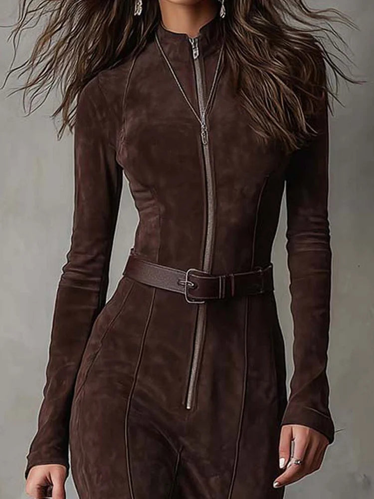 CLAUDIA - ROBE LONGUE MARRON AVEC CEINTURE
