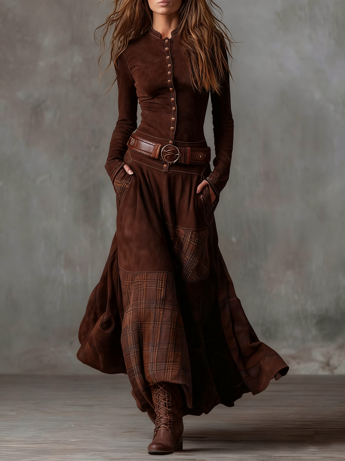 LIVIA - ROBE MAXI EN DAIM AVEC CEINTURE