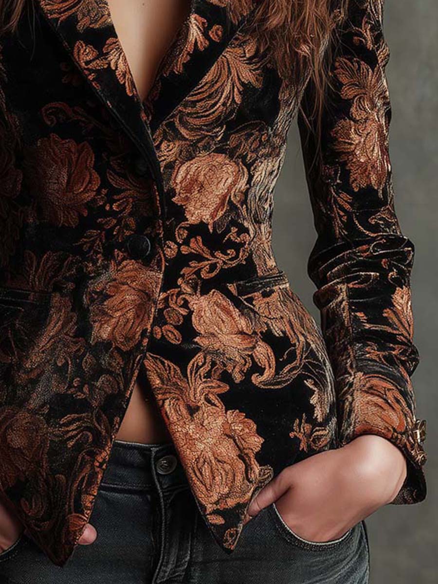 BERTA - BLAZER TAILLEUR À IMPRIMÉ FLORAL NOIR ET BRONZE