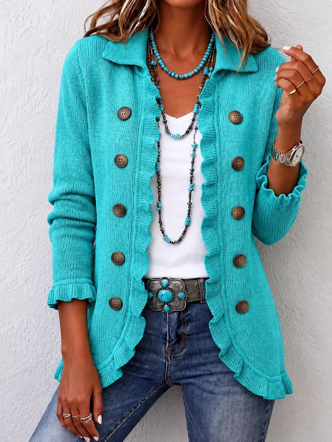 PAULINA - VESTE EN TRICOT TURQUOISE À VOLANTS