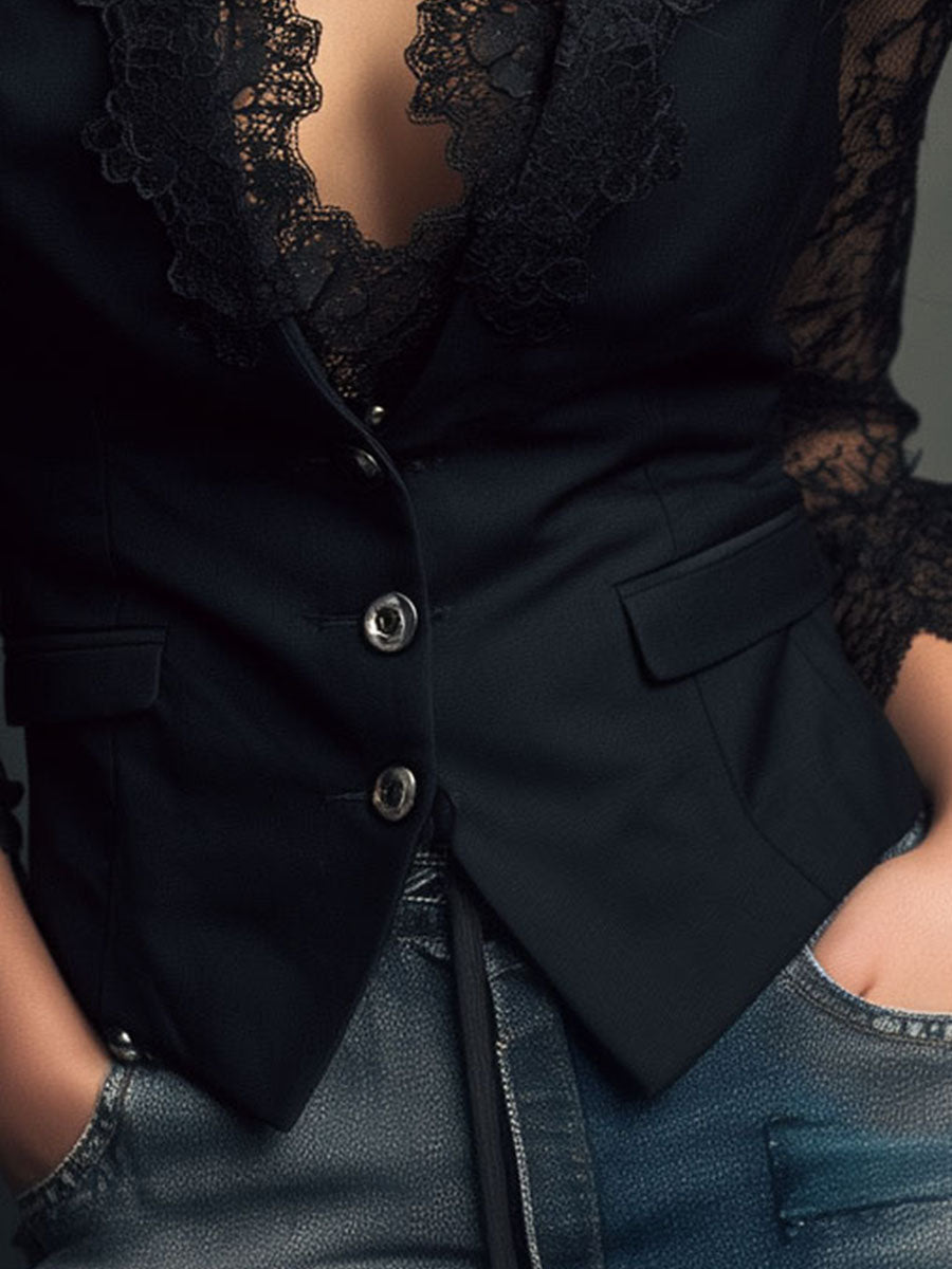 VITTORIA - BLAZER NOIR MANCHES SEMI-TRANSPARENTES
