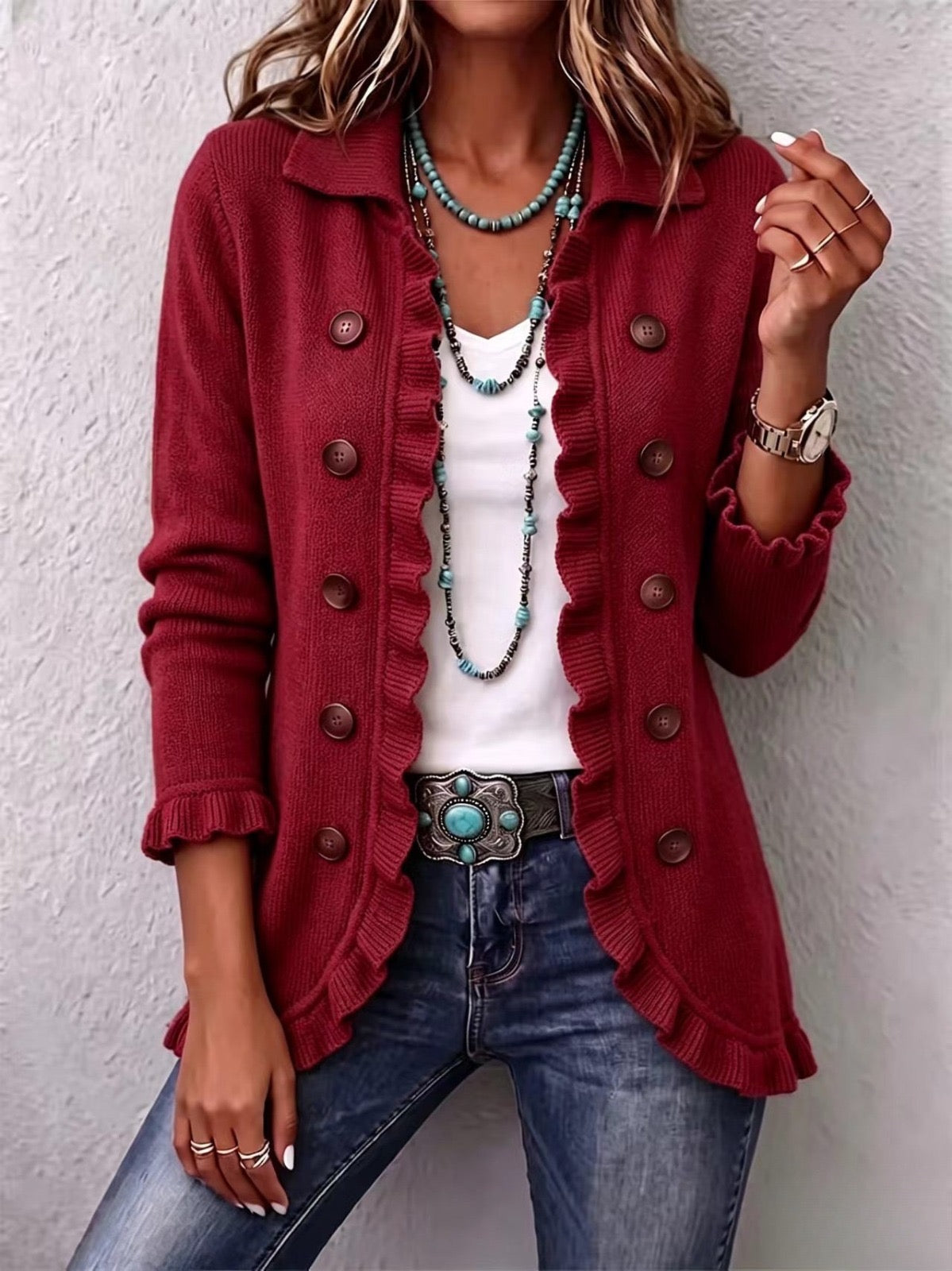Dolores | Veste en maille rouge rubis à volants