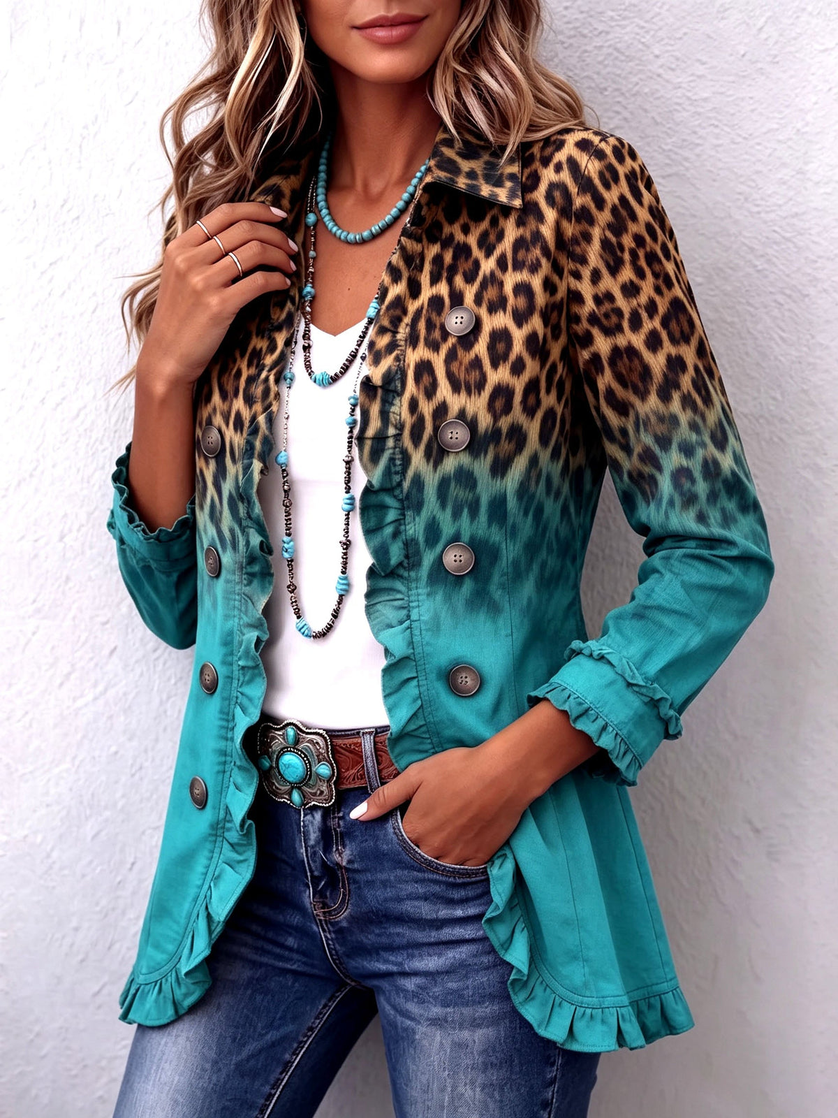 HERMINIA - VESTE BLAZER LÉOPARD DÉGRADÉ À VOLANTS