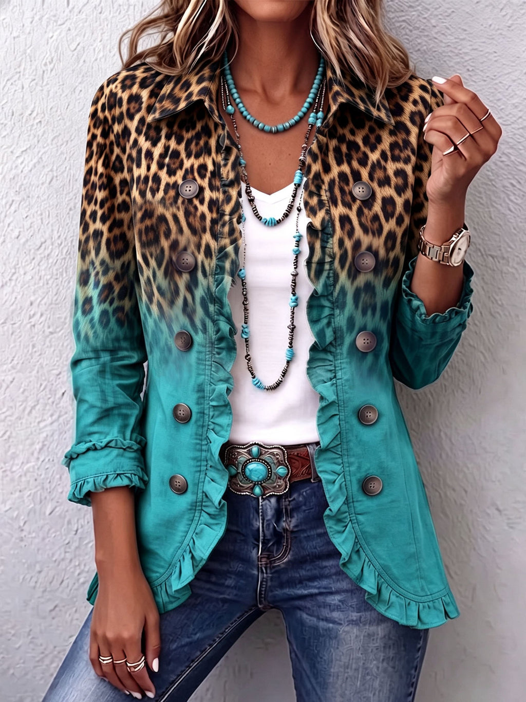 HERMINIA - VESTE BLAZER LÉOPARD DÉGRADÉ À VOLANTS