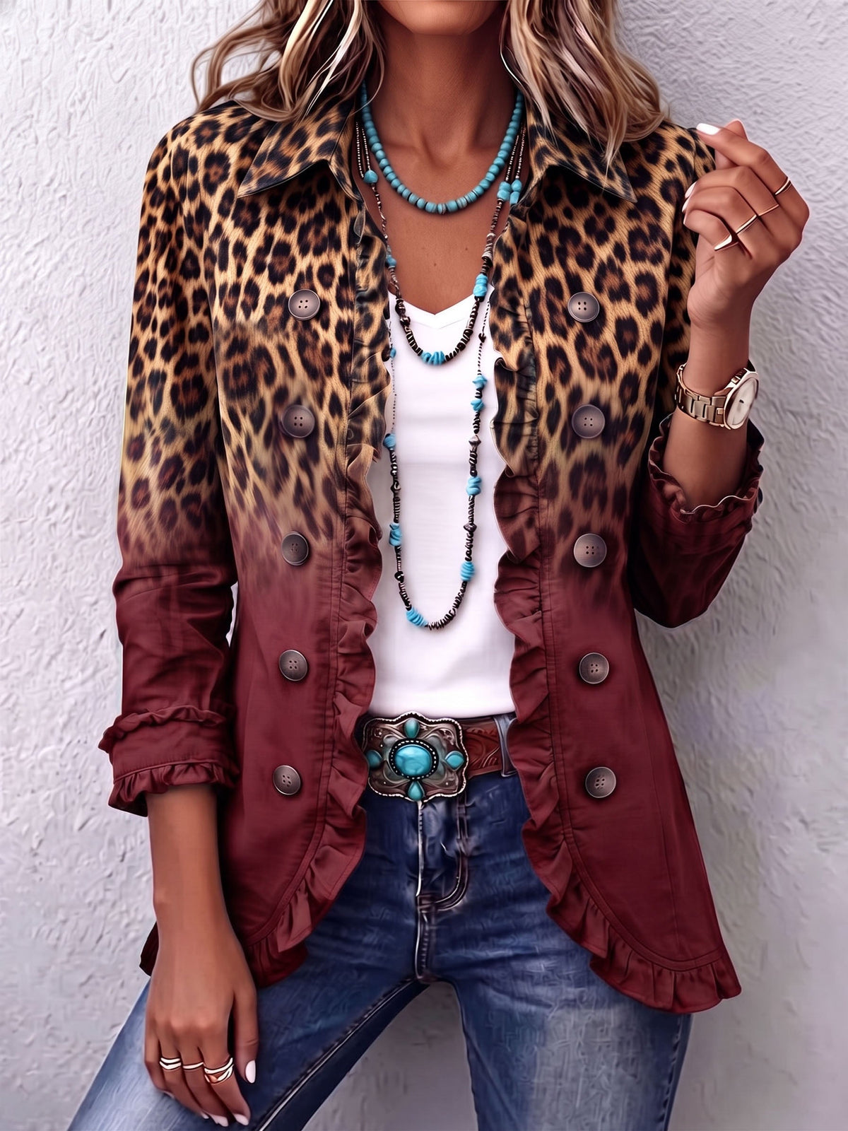 HERMINIA - VESTE BLAZER LÉOPARD DÉGRADÉ À VOLANTS
