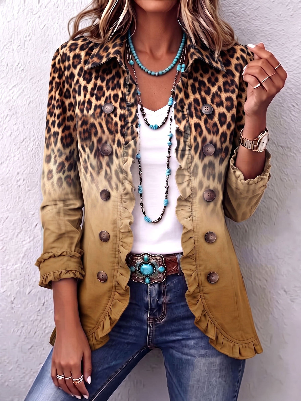 HERMINIA - VESTE BLAZER LÉOPARD DÉGRADÉ À VOLANTS