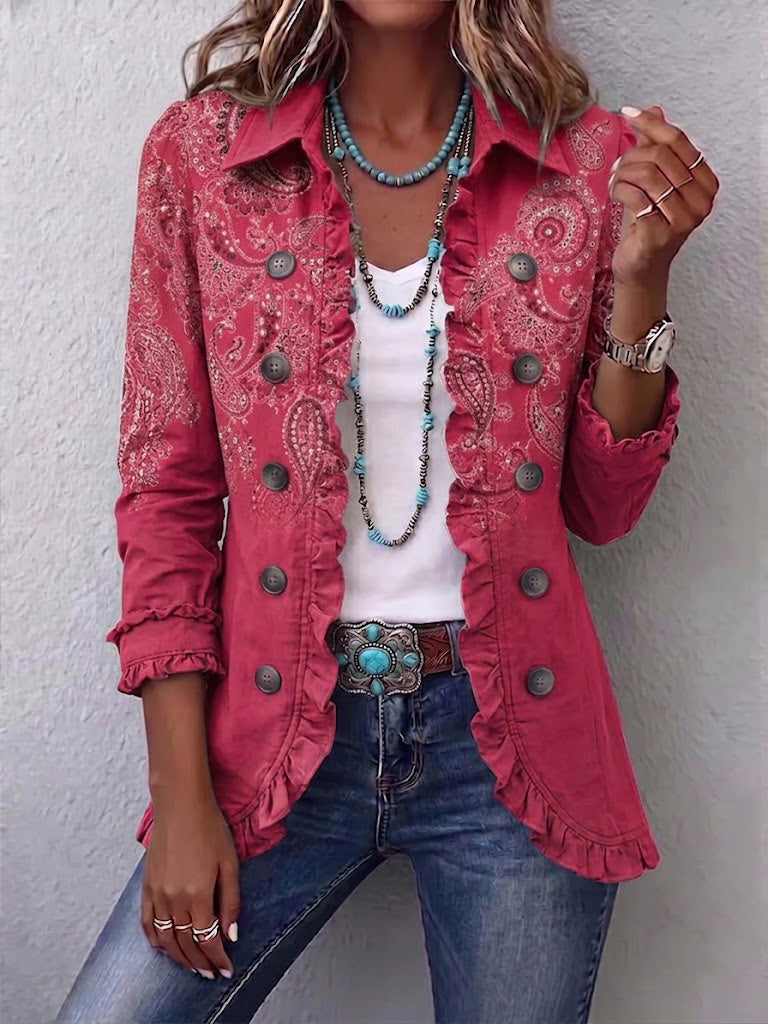 MILAGROS - VESTE EN CACHEMIRE ROSE À VOLANTS