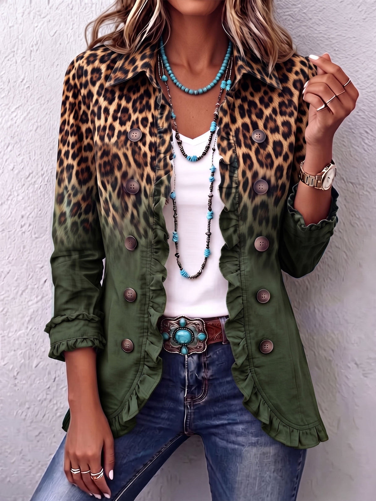 HERMINIA - VESTE BLAZER LÉOPARD DÉGRADÉ À VOLANTS